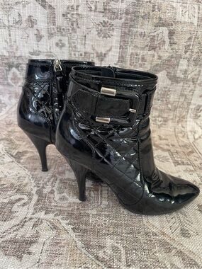 Burberry Black Quilted Patent Ankle Booties with Buckle Accent